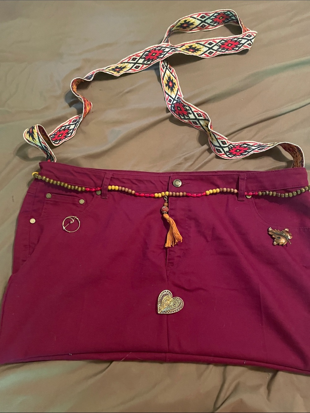 Handmade Boho Embellished Maroon crossbody bag with Decorative Strap 12x20 lined
